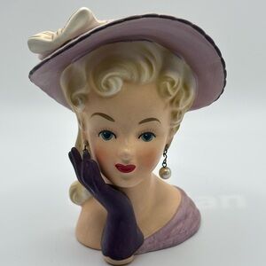 VTG Relpo Lady Head Vase K1406s Earrings Purple Glove Lavender Hat W/ Bow Stiker